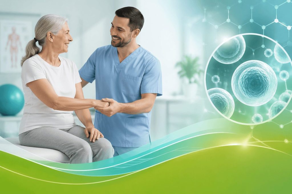 Healthcare professional assisting elderly patient with stem cell therapy, featuring calming colors and a clinical environment