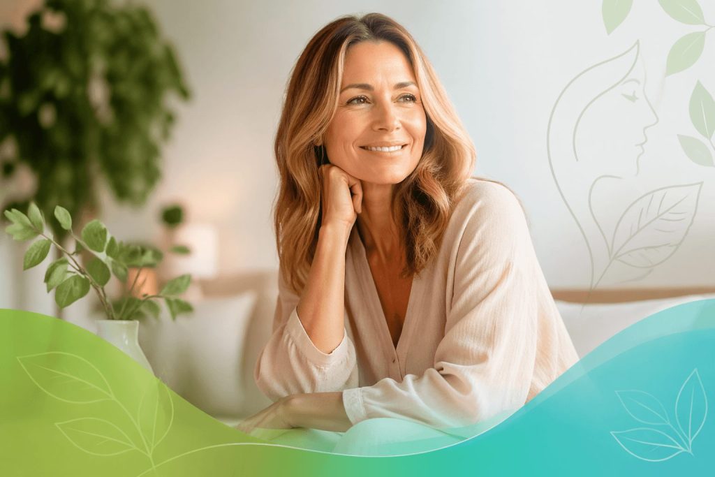A calming, wellness-inspired image featuring a serene atmosphere with a soft, glowing emblem of a feminine silhouette surrounded by natural elements, creating a peaceful vibe.