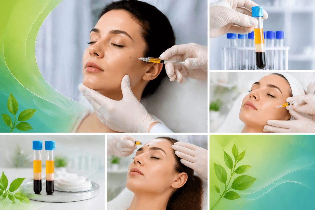Facial rejuvenation with PRP therapy showing professional injections and cosmetic treatment in a calm, clinical setting.
