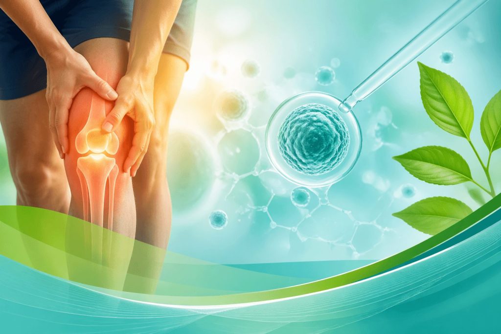 Stem cell therapy for joint pain relief, showcasing a knee joint with visible pain relief effects and regenerative healing processes.