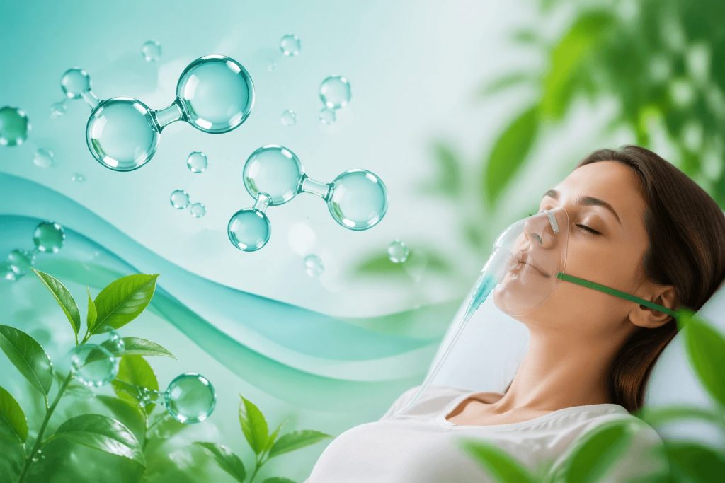 A woman undergoing ozone therapy in a serene, spa-like setting, with floating oxygen molecules and lush greenery.