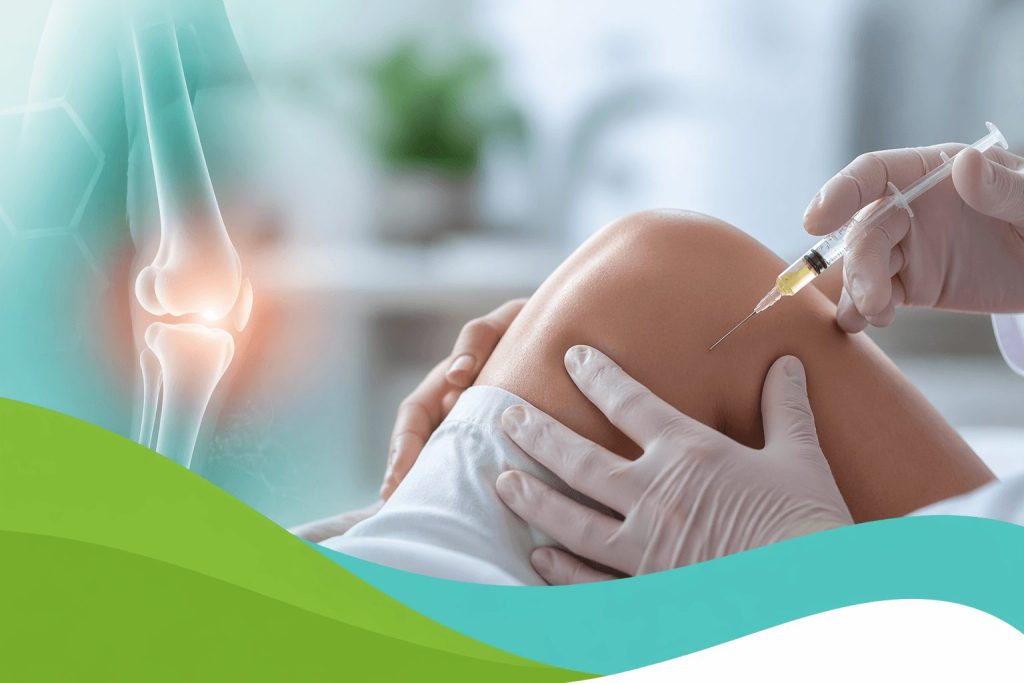 Healthcare professional administering a knee injection, symbolizing joint treatment options, with a calming medical background.