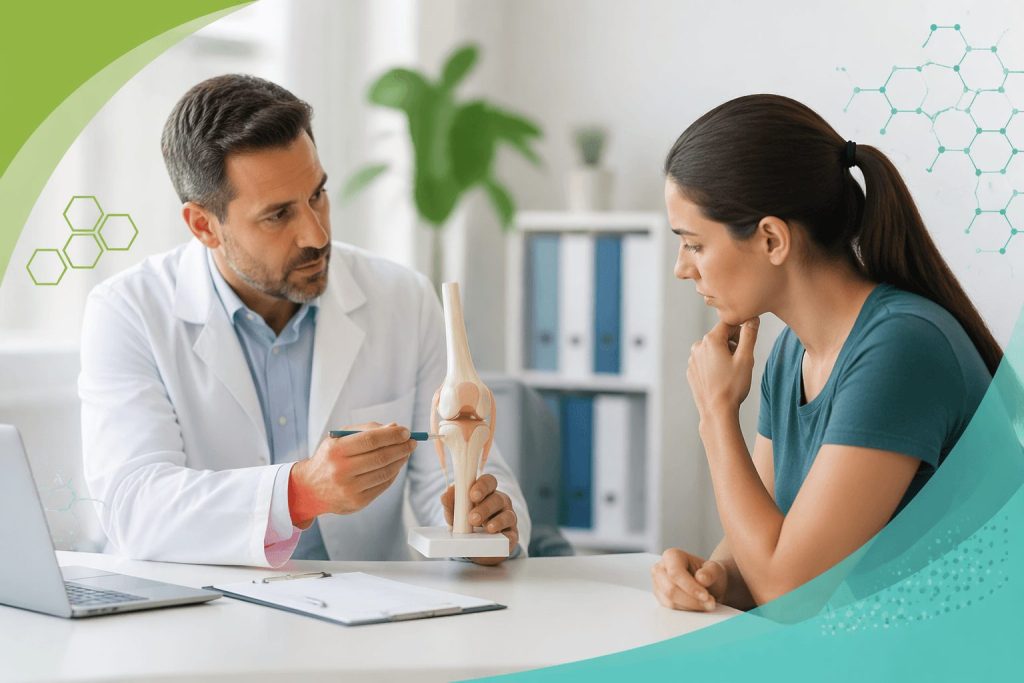 Doctor explaining knee anatomy to a patient in a modern medical consultation room.