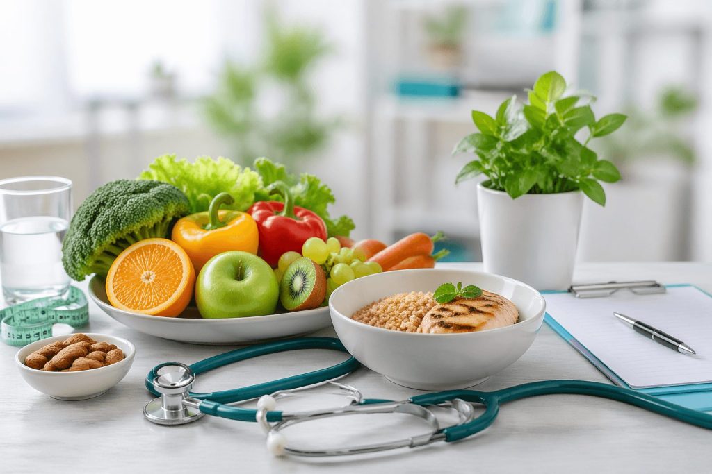 A vibrant still life featuring a colorful array of fresh produce, including fruits and vegetables, alongside medical tools like a stethoscope, a clipboard, and measuring tape, representing the connection between nutrition and healthcare.