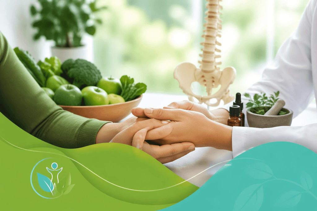 A holistic healthcare approach featuring human connection and natural wellness elements like fresh produce and essential oils.