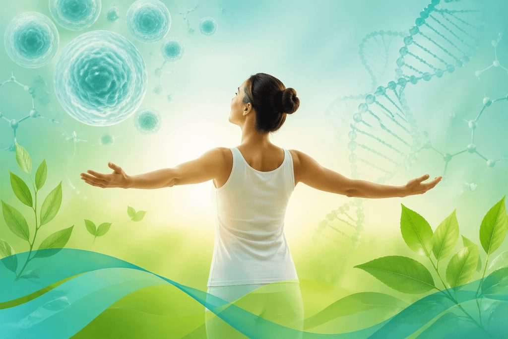 Empowering the body’s natural healing ability with stem cell therapy, surrounded by scientific motifs and nature's beauty.