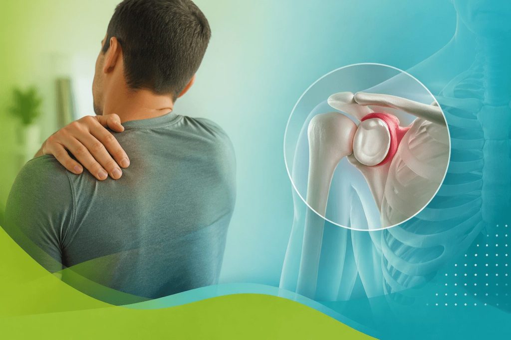 Man holding his shoulder in discomfort with an anatomical illustration of the shoulder joint highlighting inflammation, set against a gradient teal and green background.