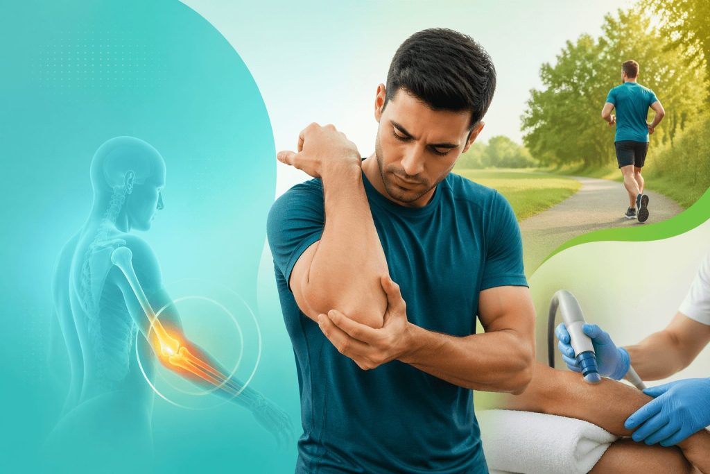Elbow Pain Relief and Regenerative Recovery - A visual representation of elbow pain with therapeutic treatments and recovery options.