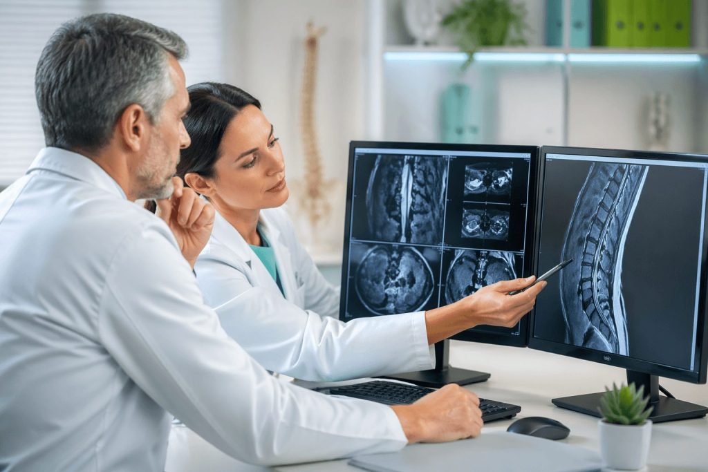 Two doctors analyzing medical scans on dual monitors in a modern medical office.