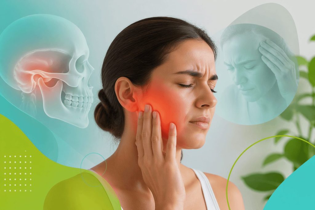 A woman experiencing pain from Temporomandibular Joint Disorder (TMJ), holding her jaw with a red highlight over the affected area, with a translucent skull illustration showing the jaw and head.
