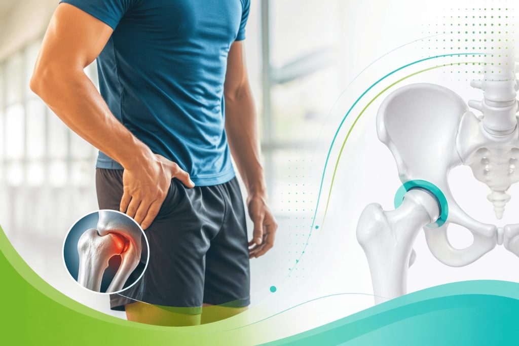 Young man experiencing hip pain, with an illustration highlighting a hip joint injury.
