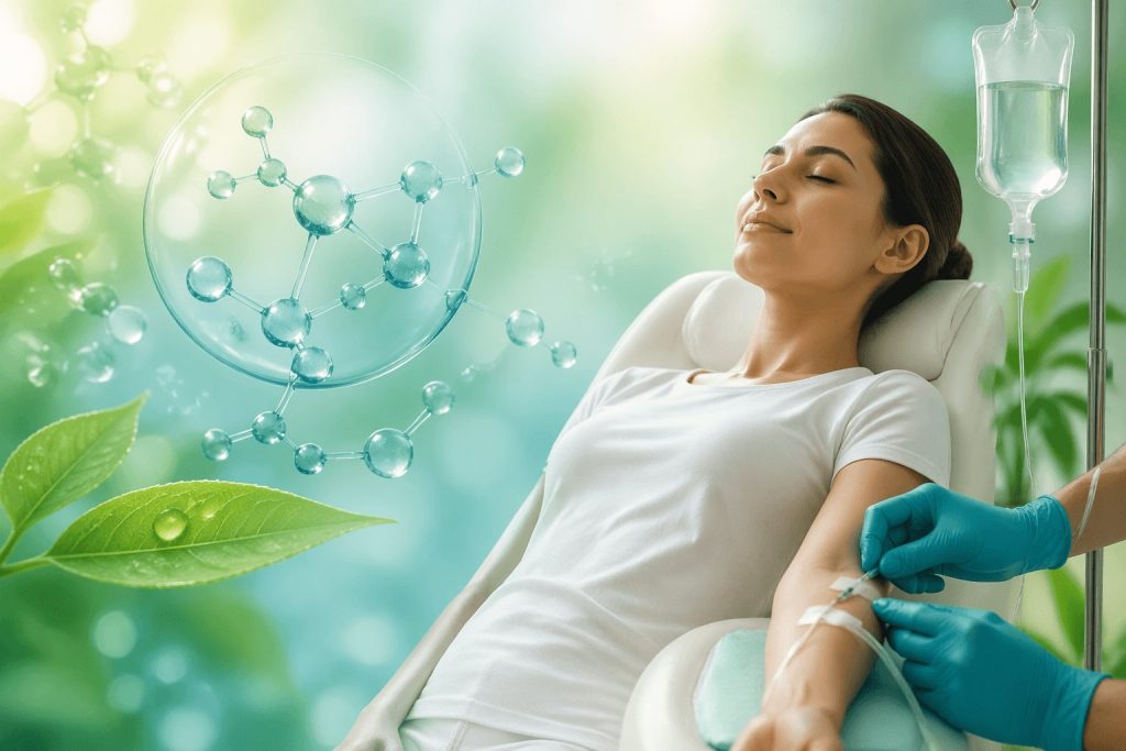 A peaceful wellness environment with a woman receiving an ozone therapy treatment via IV, symbolizing rejuvenation and cellular healing.