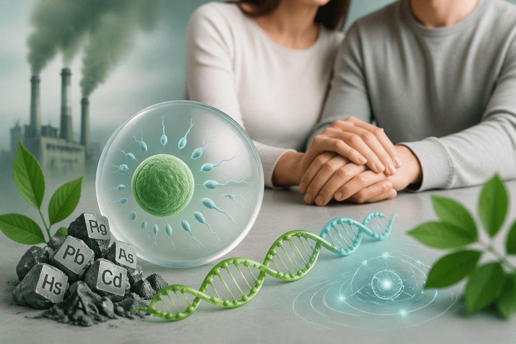 Impact of heavy metals on fertility, showing a symbolic connection between pollution, reproduction, and health.