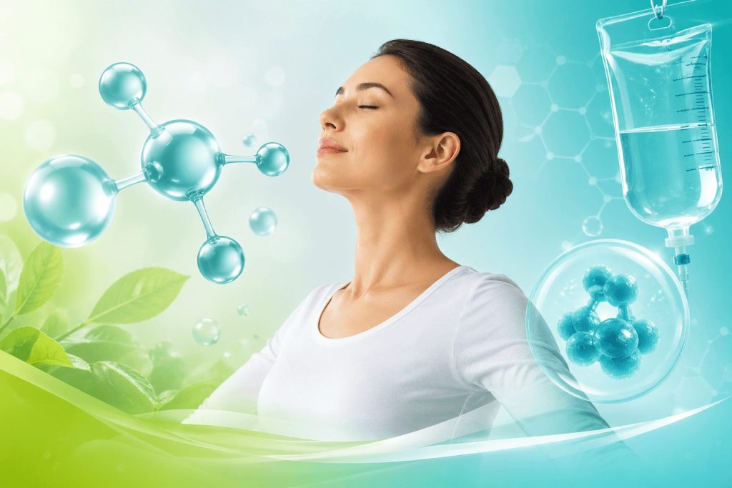 Holistic ozone therapy concept showing a calm woman surrounded by oxygen molecules, natural elements, and medical infusion imagery representing wellness and systemic healing