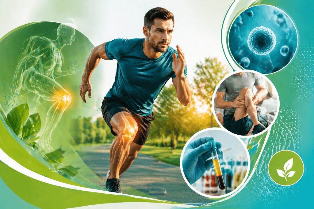 Dynamic athlete sprinting outdoors with visual overlays showcasing regenerative treatments and sports medicine.