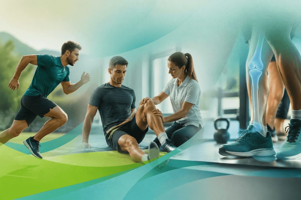 A blend of athletic performance and advanced treatment, showing a runner, therapist, and knee assessment in a clean and modern design.