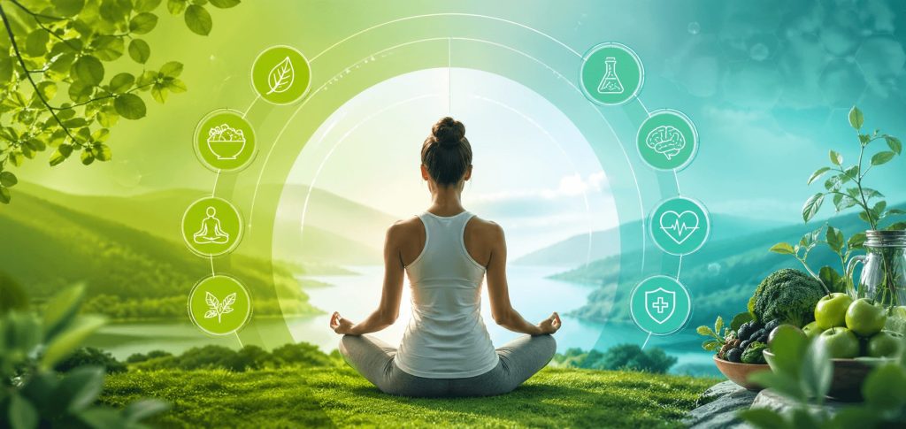 Holistic health concept showing a woman meditating in nature surrounded by wellness icons, green landscape, and healthy lifestyle elements.