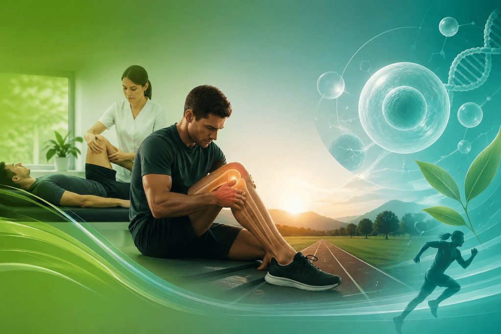 Athlete receiving regenerative medicine knee treatment with integrative therapy elements, showing advanced recovery and healing in a modern wellness clinic environment