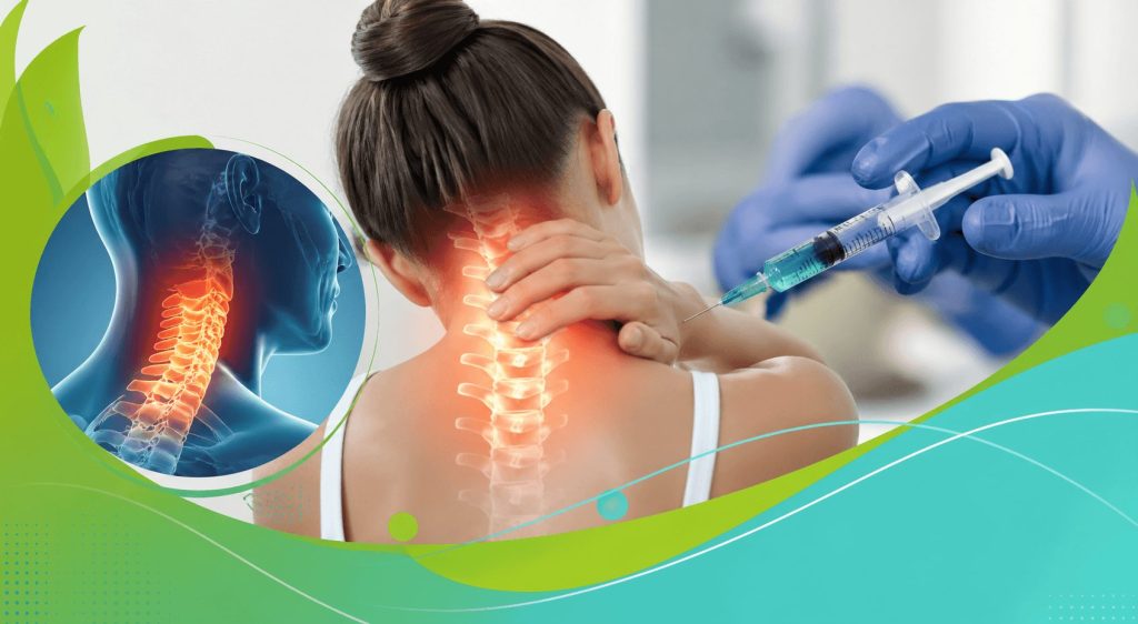 Chronic neck pain patient with highlighted cervical spine receiving injection therapy in a modern clinical setting