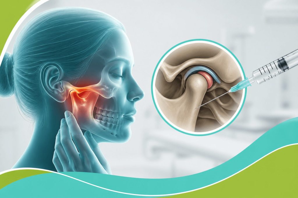 Close-up medical illustration showing temporomandibular joint (TMJ) inflammation in the jaw with a detailed injection treatment procedure, highlighted in green and teal clinical tones.