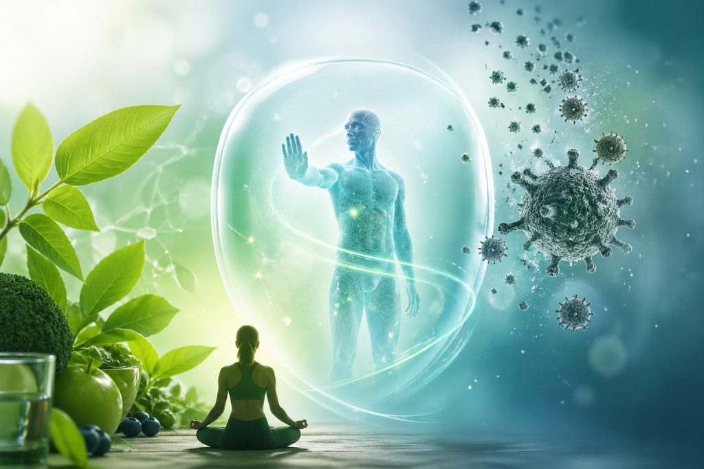 A human figure protected by a glowing shield symbolizing strong immunity, with natural elements on one side and harmful particles on the other, representing balance between health and toxins.