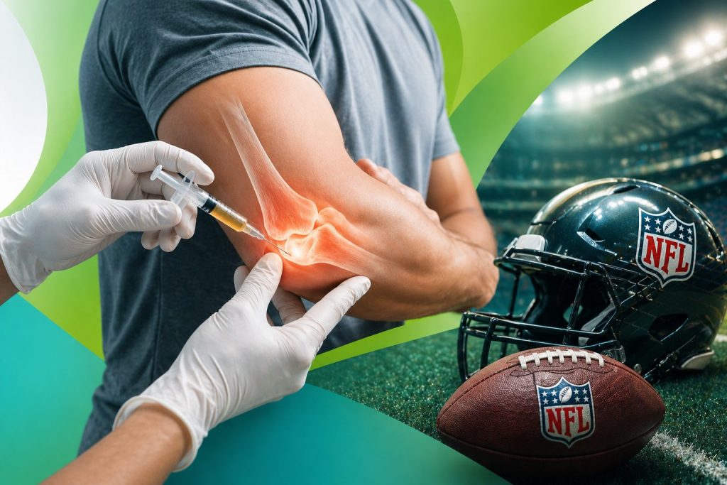 PRP therapy injection for elbow pain treatment with NFL football background representing sports injury recovery and rehabilitation