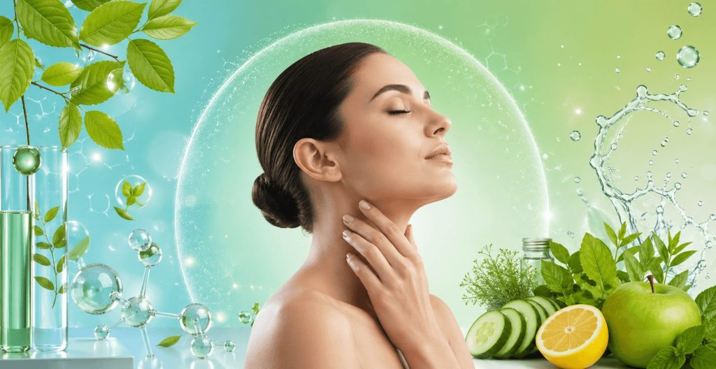 Anti-aging and detox wellness banner showing a serene woman with glowing skin, surrounded by molecular patterns, fresh fruits, and scientific elements in green and blue tones.