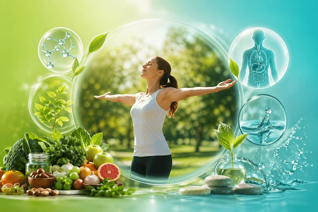 A healthy woman enjoying fresh air in a natural setting, surrounded by elements symbolizing detoxification, nutrition, and overall wellness