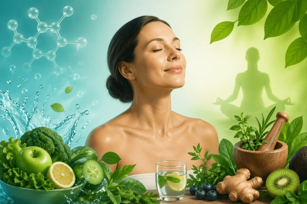 Healthy woman surrounded by fresh fruits, herbs, and water, representing detoxification, anti-aging, and natural wellness lifestyle.