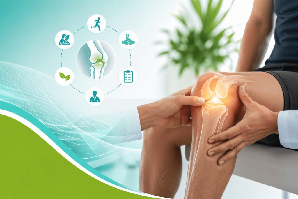 Holistic knee treatment illustration showing osteopathic assessment, joint pain visualization, and integrative therapy approach for knee dysfunction