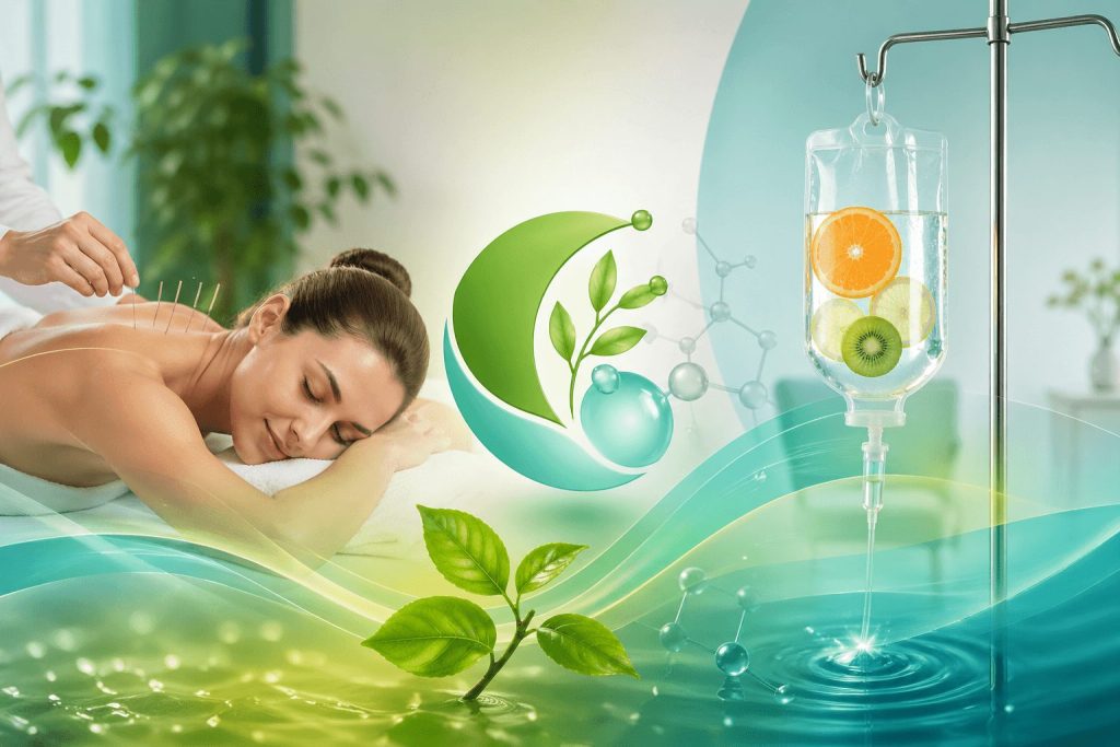 Integrative healing scene showing acupuncture therapy and IV vitamin infusion with natural green elements for post-procedure recovery