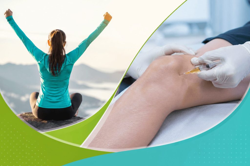 Prolotherapy injection being administered to knee joint alongside a woman celebrating pain-free mobility and recovery outdoors
