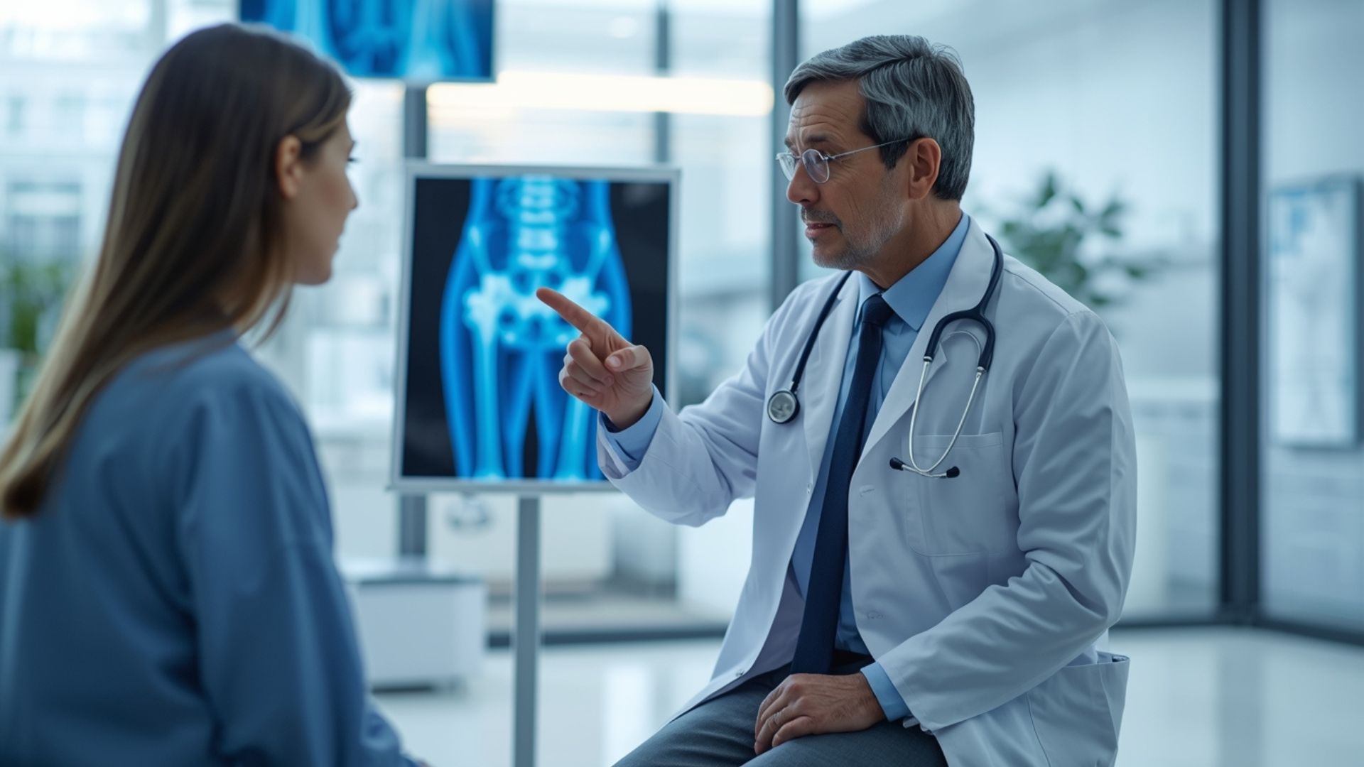 Doctor discussing treatment options for chronic joint pain with a patient in a modern medical clinic
