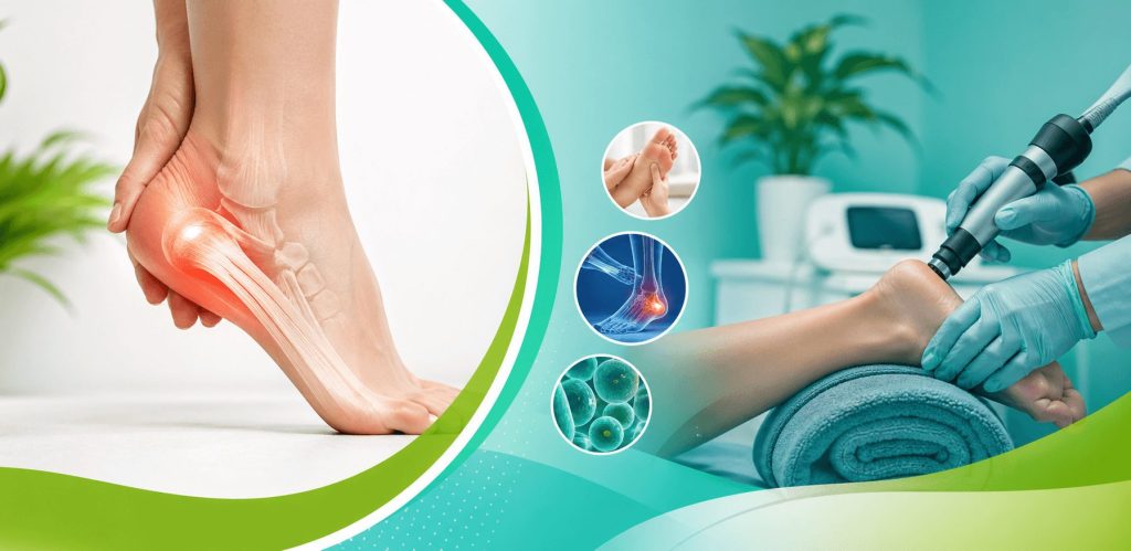 Medical illustration showing plantar fasciitis heel pain with regenerative therapy treatment on foot without surgery
