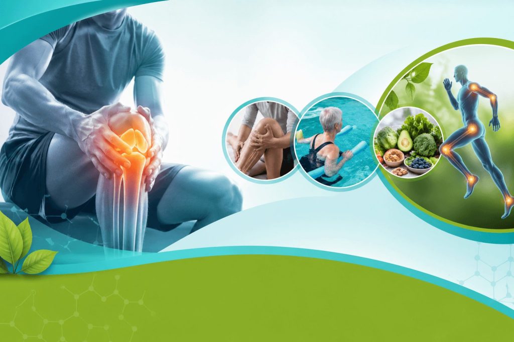 Chronic joint pain treatment concept showing knee inflammation, physiotherapy, hydrotherapy and healthy nutrition in modern medical banner design with green and teal color scheme