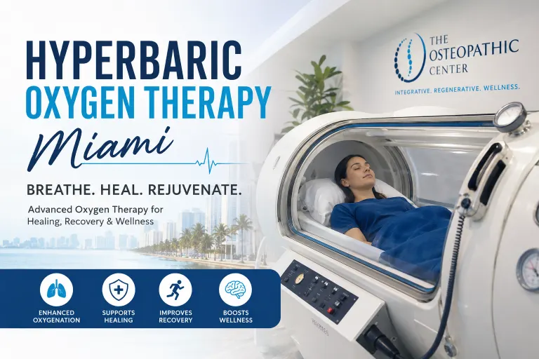 Patient receiving hyperbaric oxygen therapy in a modern Miami wellness clinic for oxygenation, healing, recovery, and overall wellness support.