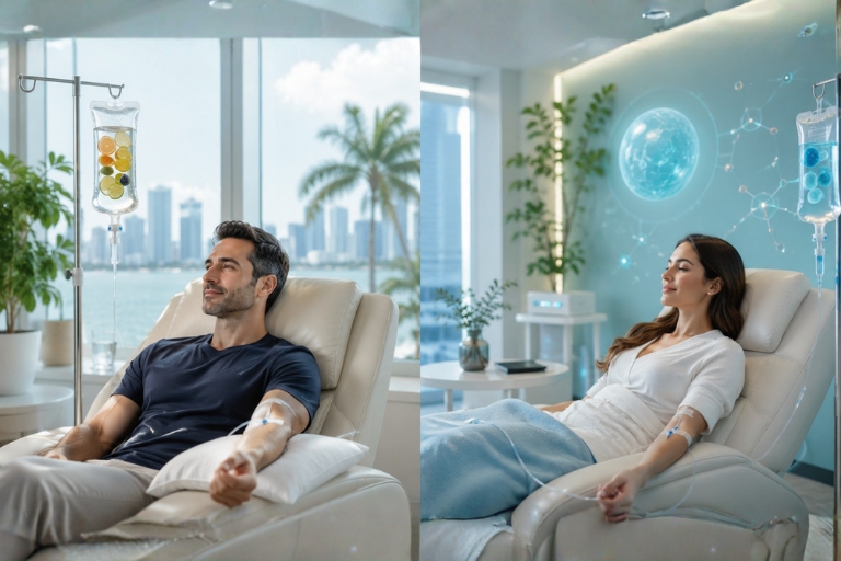 Modern Miami wellness clinic showing IV vitamin therapy and NAD+ infusion concepts for hydration, cellular energy, recovery, and integrative wellness support.