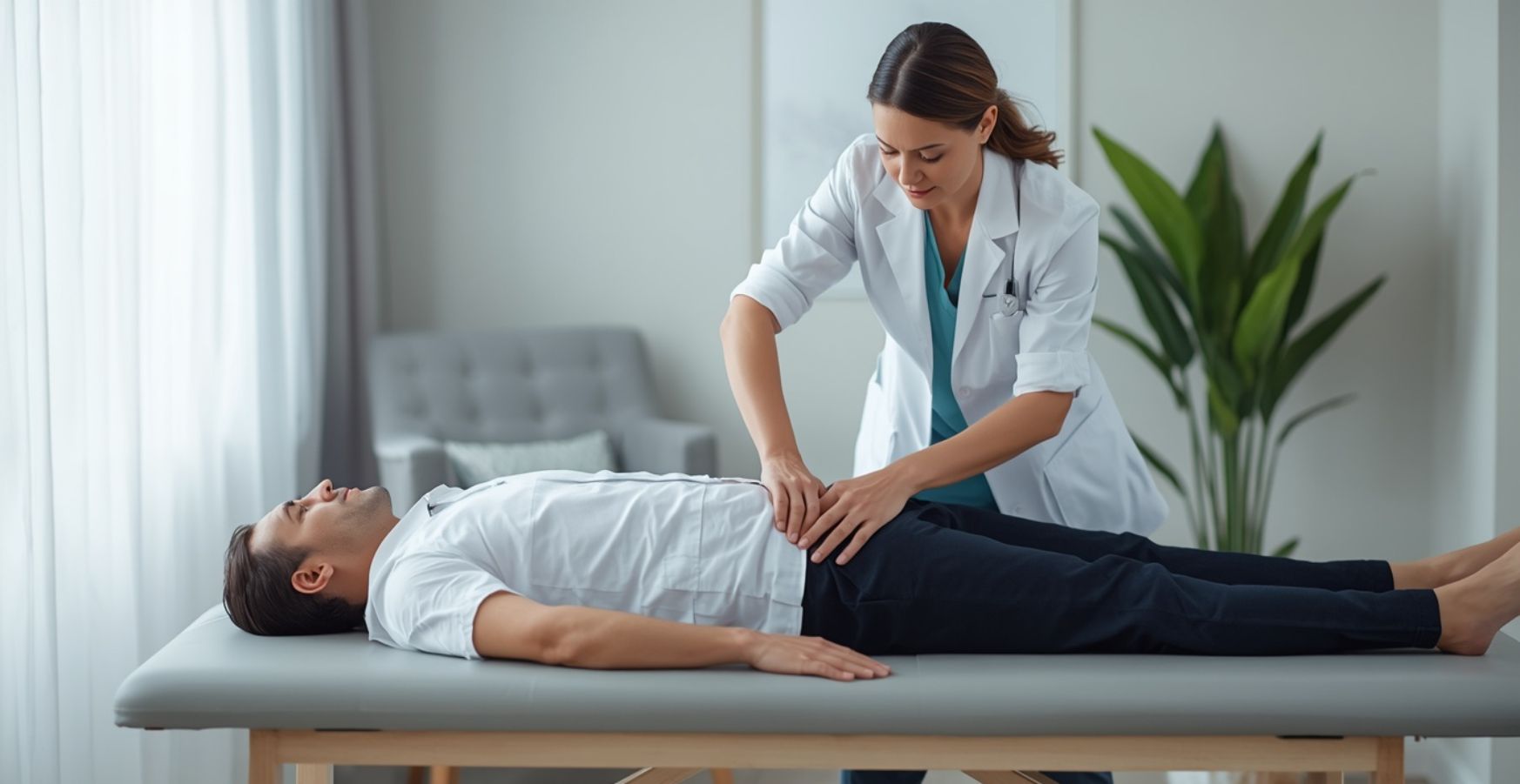 Osteopathic physician performing gentle osteopathic manipulation on a patient’s lower back in a modern clinic setting.
