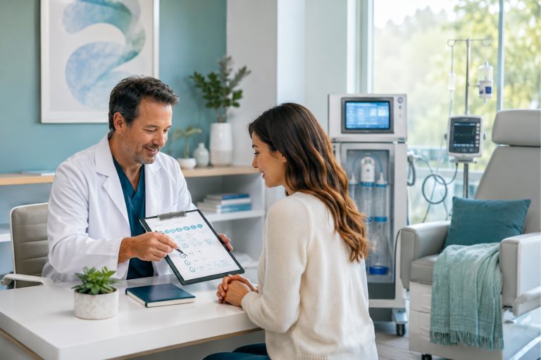Doctor discussing a personalized EBOO therapy session plan with a patient in a modern Miami medical clinic