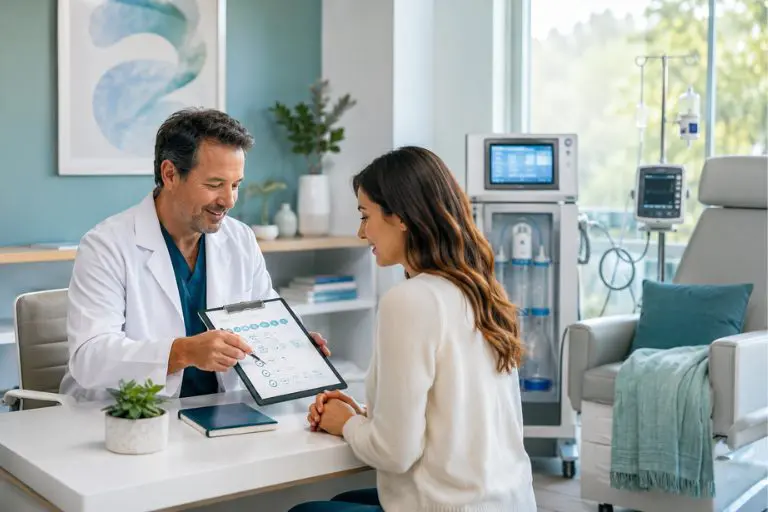 Doctor discussing a personalized EBOO therapy session plan with a patient in a modern Miami medical clinic