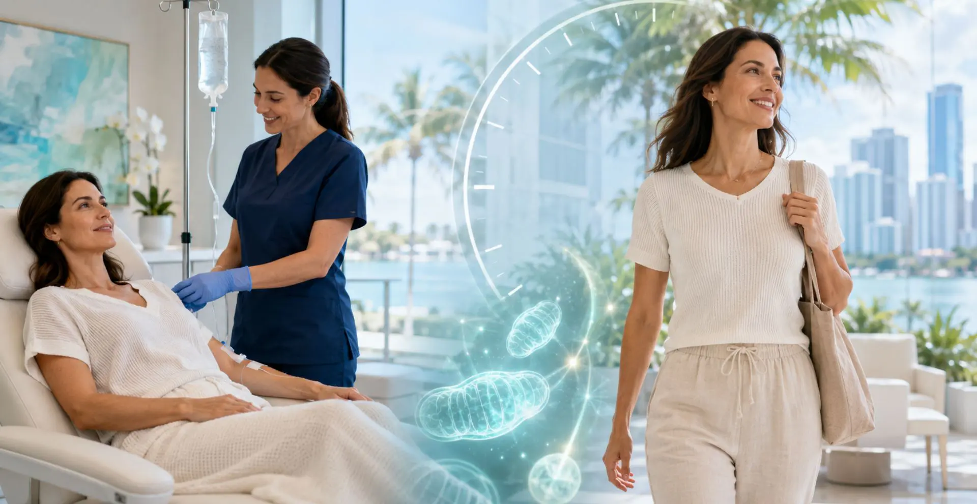 Patient receiving NAD+ infusion therapy in a modern Miami wellness clinic with cellular energy visuals representing recovery, vitality, and integrative health support.