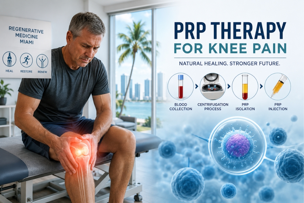 Middle-aged patient experiencing knee pain beside an illustration of the PRP therapy process, including blood collection, centrifugation, platelet-rich plasma preparation, and knee injection.