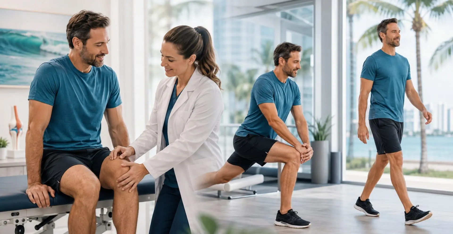 Patient receiving a knee evaluation and performing guided rehabilitation exercises before returning to walking and physical activity after regenerative treatment.